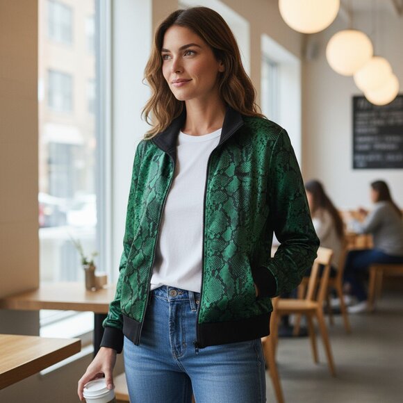 Pam & Gela Track Jacket Green Velour Velvet Snake Print Streetwear Medium - Picture 1 of 9